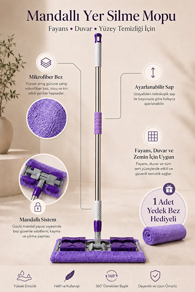 ( 1 Adet Yedek Bez Hediyeli ) Yer Mopu Fayans Duvar Yüzey Temizlik Mikrofiber Mandallı Mop